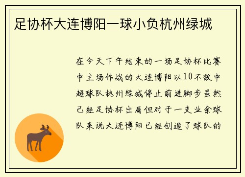 足协杯大连博阳一球小负杭州绿城